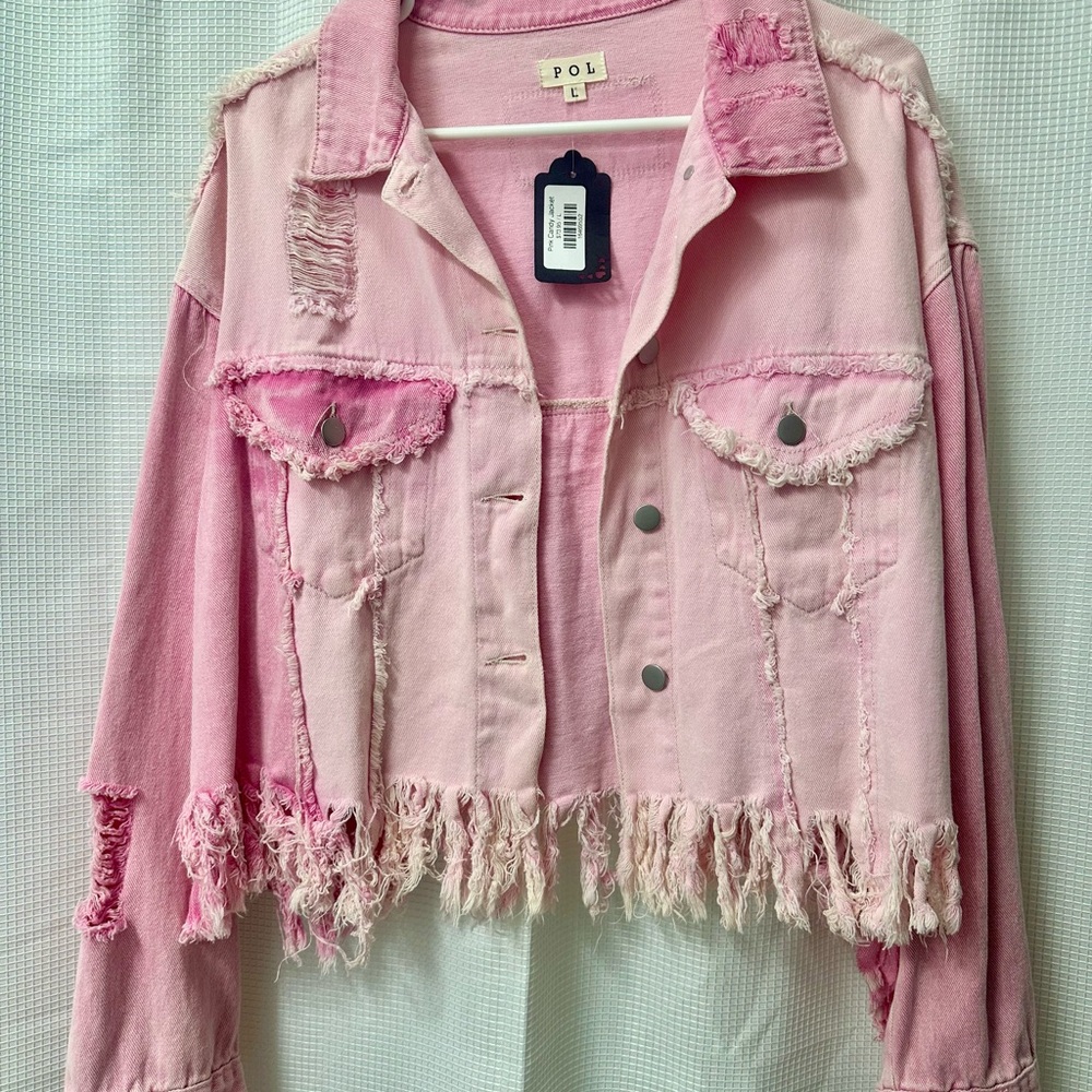 POL Pink Fringed Denim Jacket